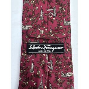 Salvatore Ferragamo Tie Silk Paris Statue Liberty London Bridge DK Red Rome